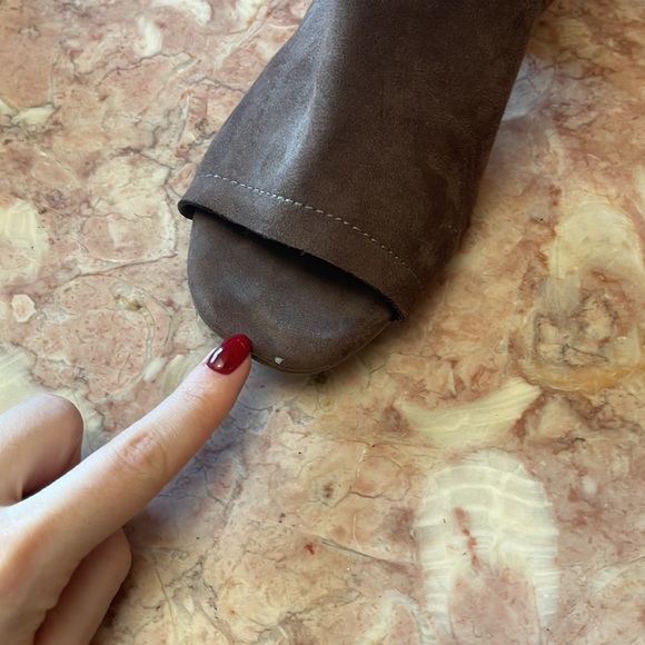Taupe Suede Open Toe Mule Heels - Picture 3 of 6